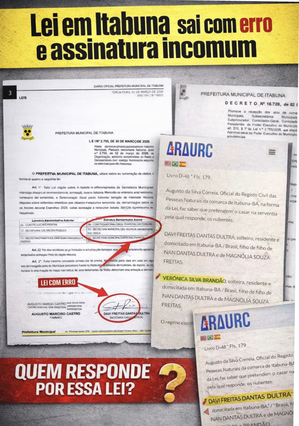 Novo capítulo em Itabuna: secretário já citado em polêmica reaparece assinando lei com o prefeito, que ainda apresenta possível erro de redação