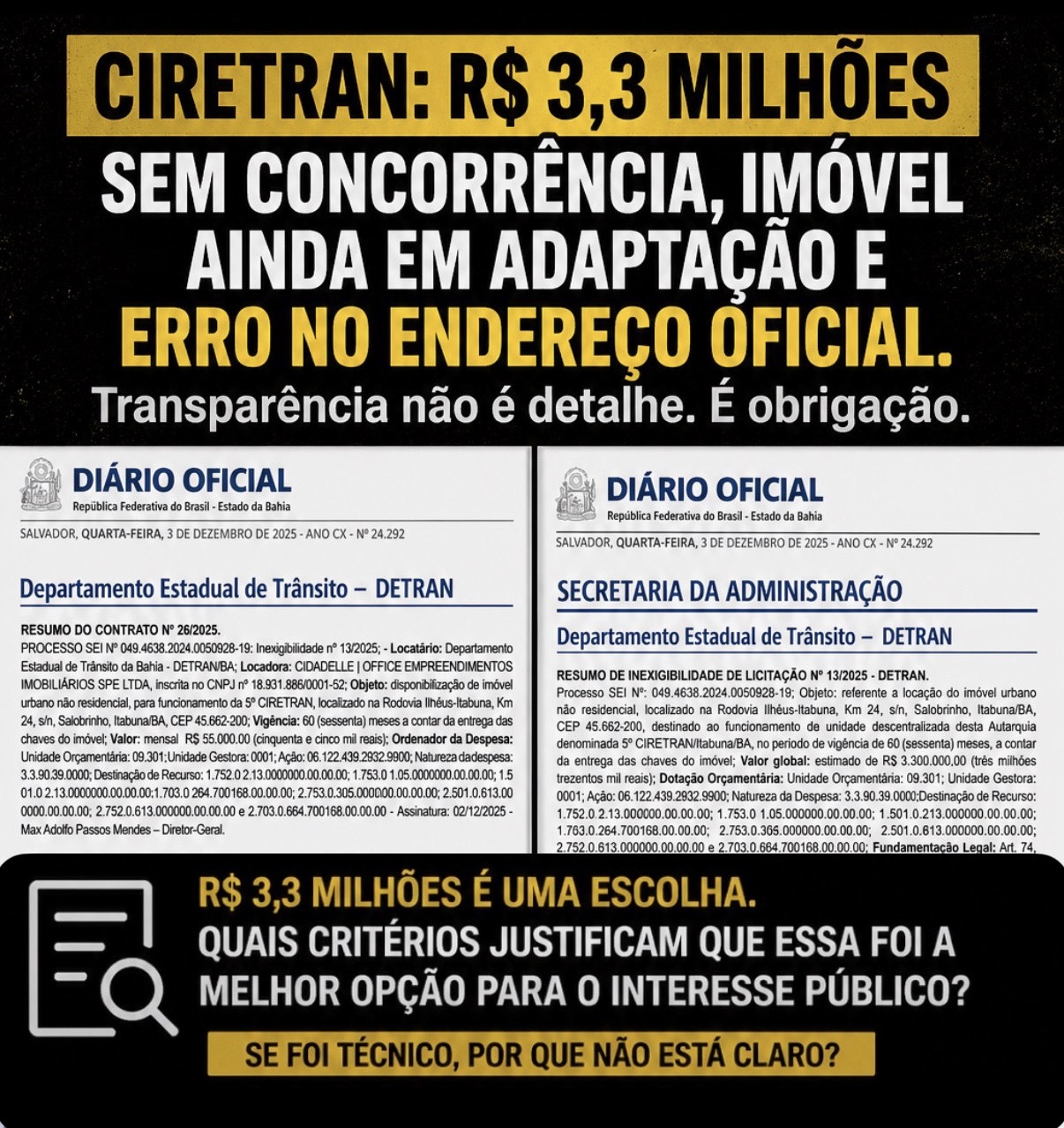 CIRETRAN: contrato de R$ 3,3 milhões sem concorrência e com imóvel em adaptação levanta dúvidas sobre critérios e prioridade