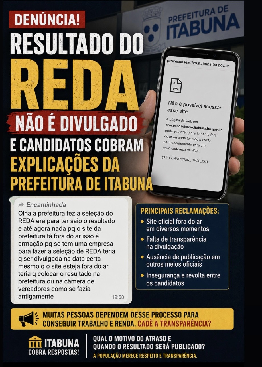 RESULTADO DO REDA NÃO É DIVULGADO E CANDIDATOS COBRAM EXPLICAÇÕES DA PREFEITURA DE ITABUNA