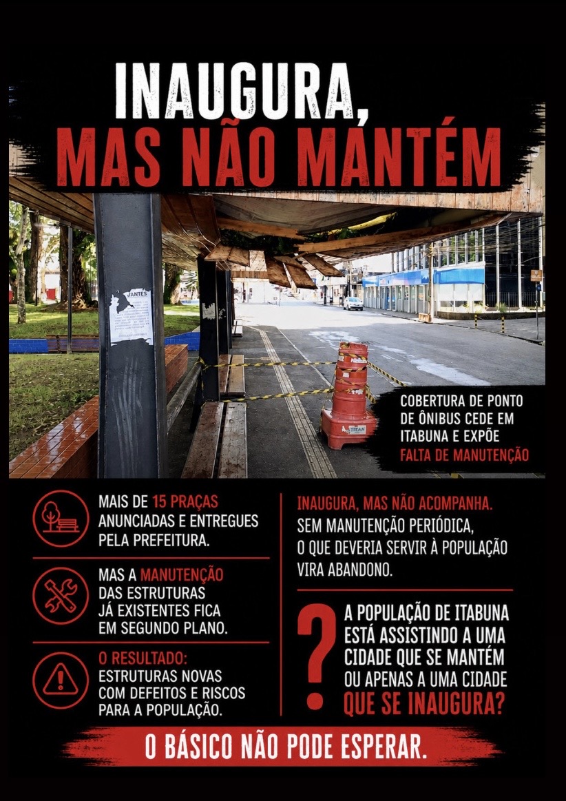 COBERTURA DE PONTO DE ÔNIBUS CEDE EM ITABUNA ENQUANTO CIDADE ACUMULA PRAÇAS REFORMADAS
