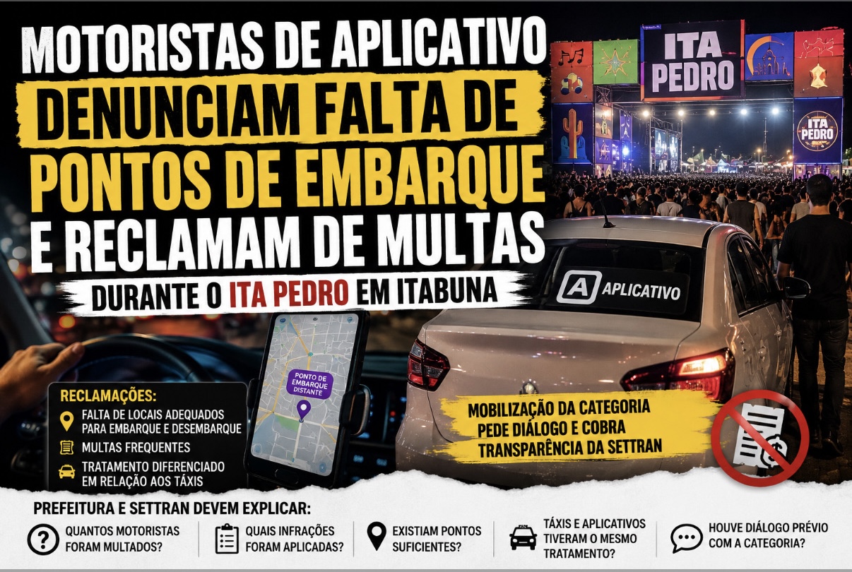 Motoristas de aplicativo denunciam falta de pontos de embarque e reclamam de multas durante o Ita Pedro em Itabuna