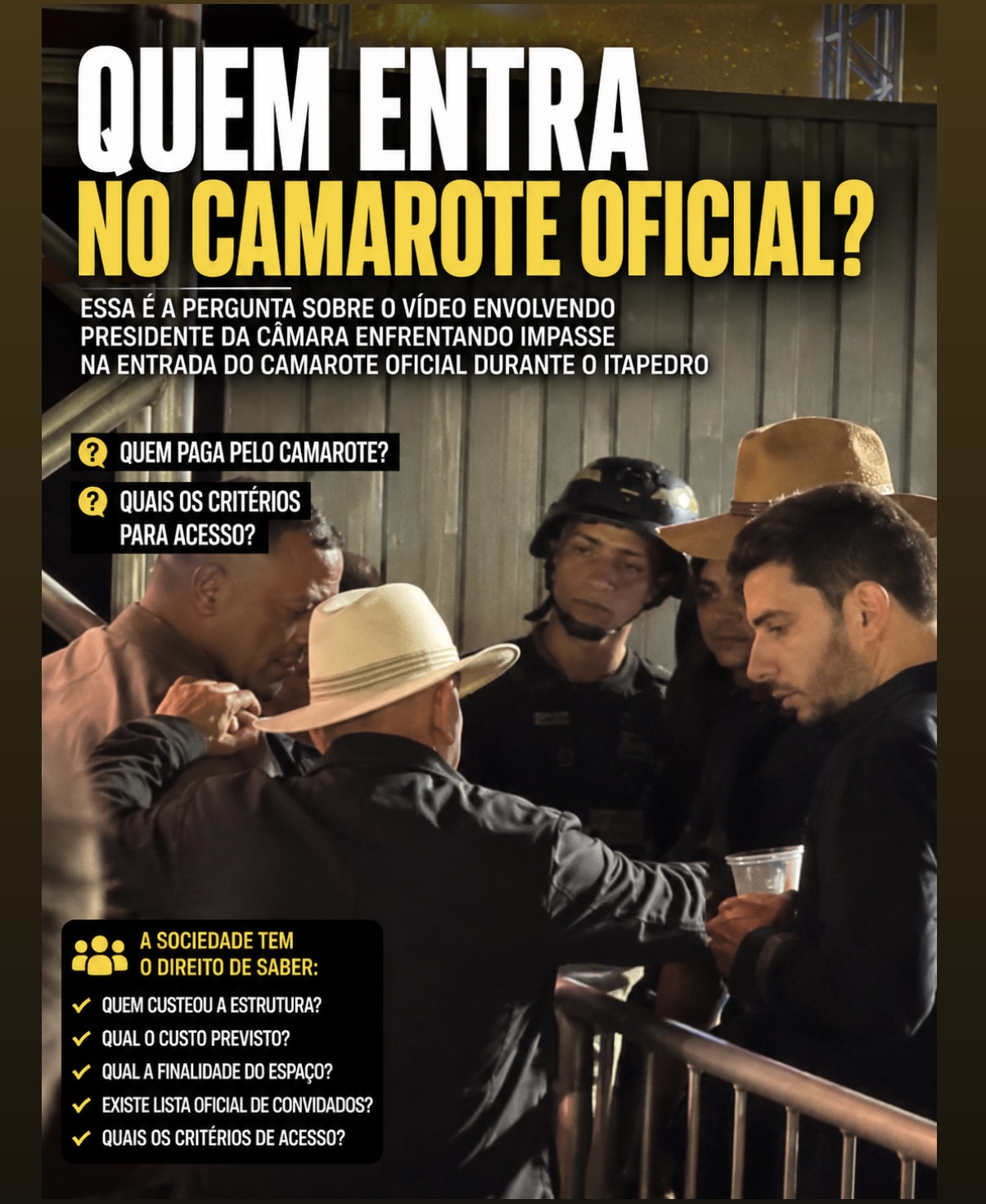 Quem entra no camarote oficial? Essa é a pergunta levantada após vídeo mostrar presidente da Câmara na entrada do camarote oficial durante o Itapedro