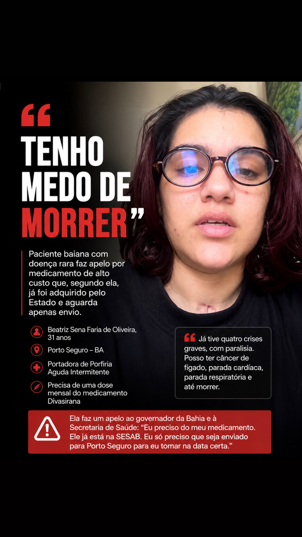 “Tenho medo de morrer”: paciente baiana com doença rara faz apelo por medicamento