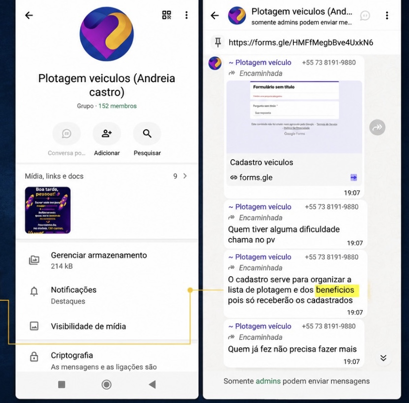 Grupo de WhatsApp reúne mais de 150 pessoas para organizar plotagem de veículos e menciona “benefícios” a cadastrados