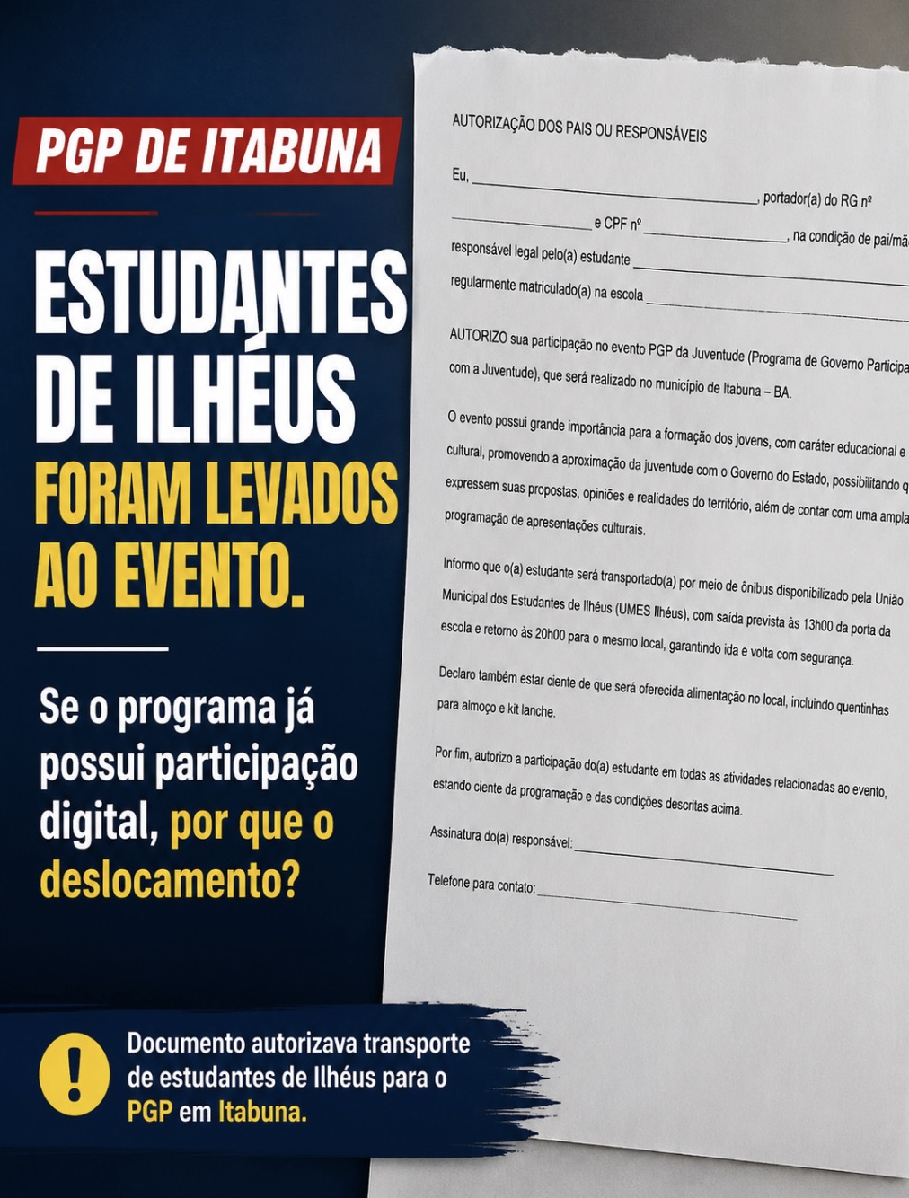 Documento autorizava transporte de estudantes de Ilhéus para o PGP em Itabuna